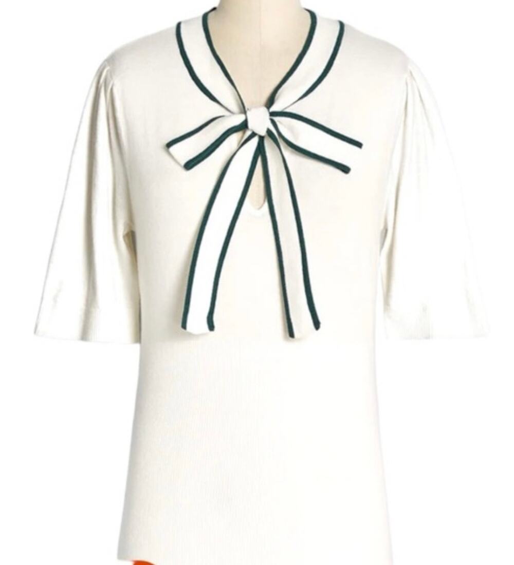 Modcloth Retro Inspired Cream and Green Bow Thyself Neck Tie Knit Top 2X NWT